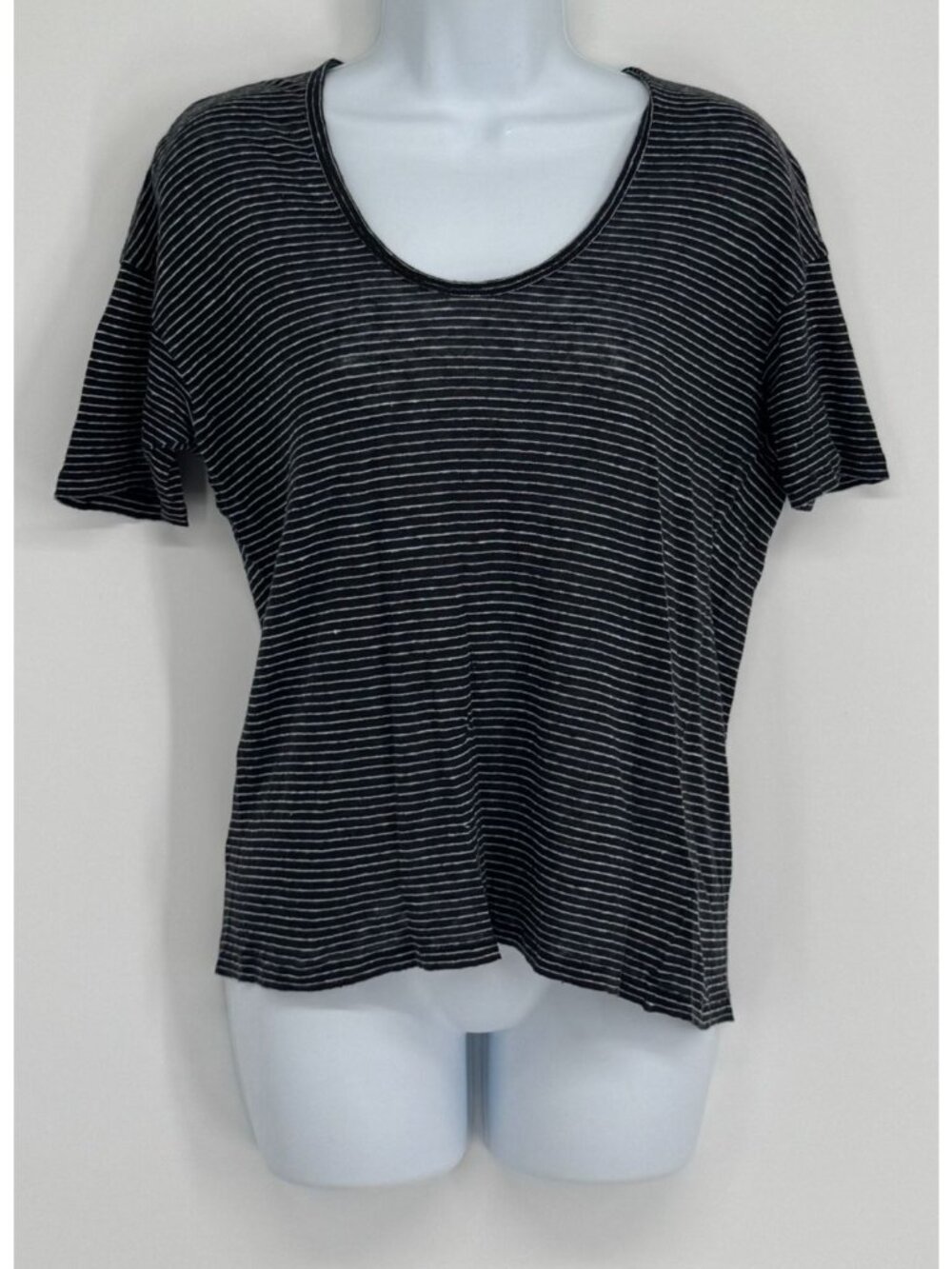 Burberry Brit M Black White Stripe Scoop Neck Linen Knit Tee Blouse Zip